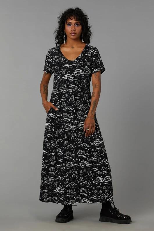 Image of a model wearing Dress. Productname: Cloudy Nights Goth Dress in Black colour by brand - Black Friday