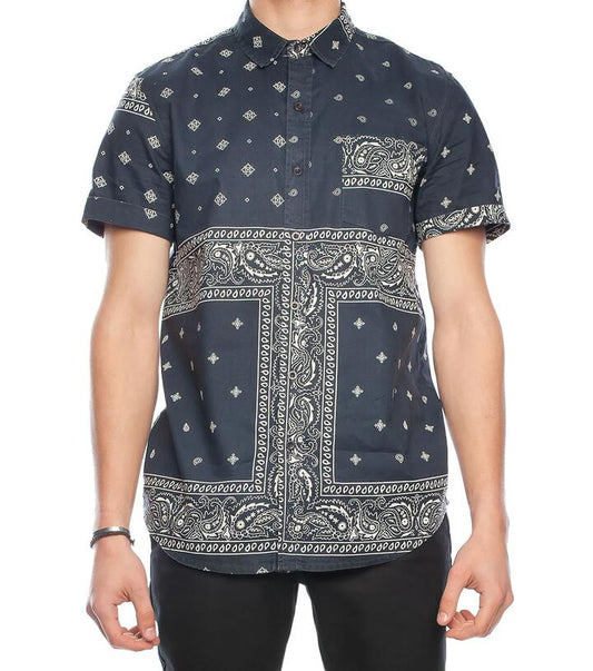 Image of a model wearing Tops. Productname: Mixed Bandana SS Shirt in Navy colour by brand - Dangerfield