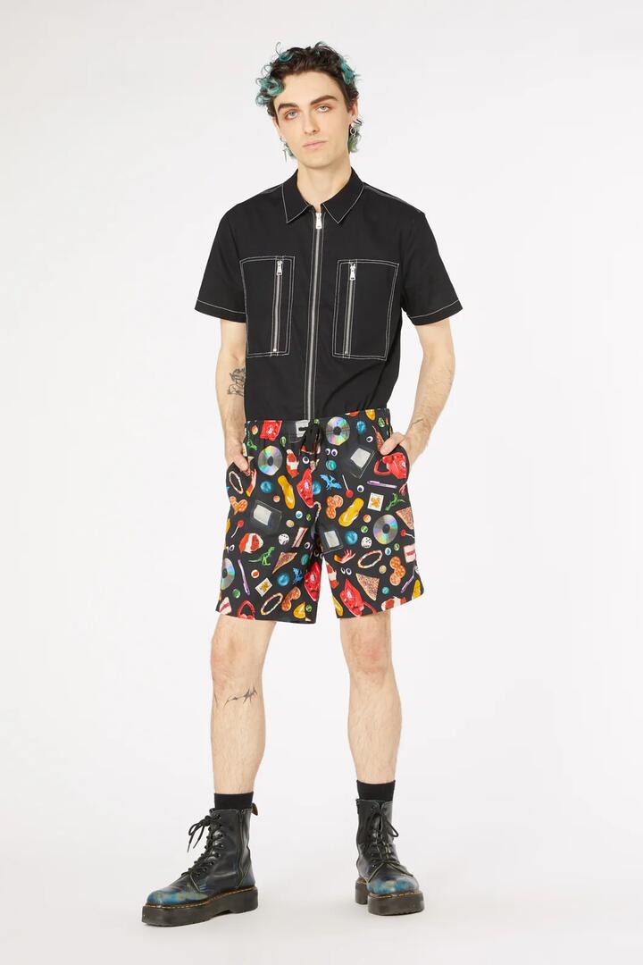 Image of a model wearing Shorts. Productname: Old Days Print Cotton Trunk in Black colour by brand - Dangerfield