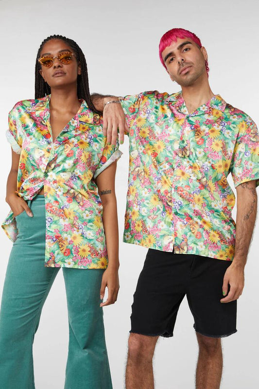 Image of a model wearing Tops. Productname: Glade Satin Printed Shirt in Green colour by brand - Dangerfield