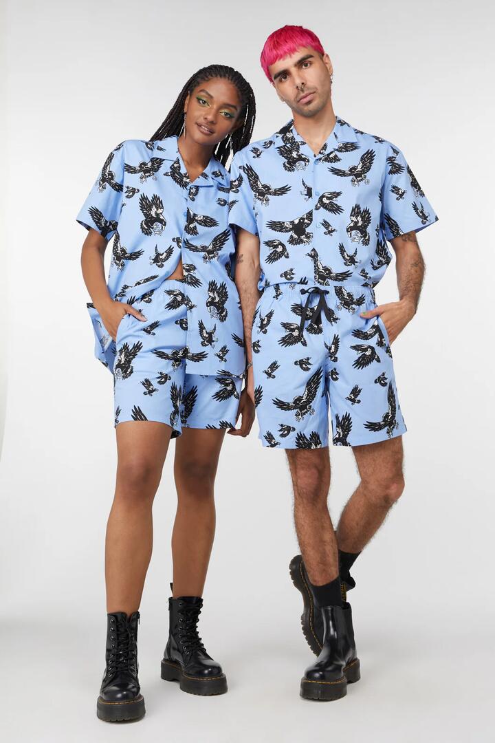 Image of a model wearing Shorts. Productname: Swoopin Magpie Trunks in Blue colour by brand - Dangerfield