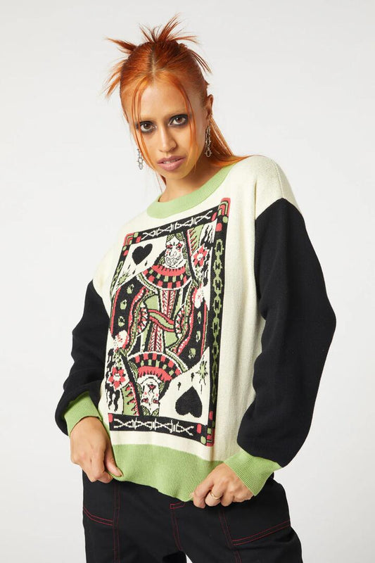Image of a model wearing Tops. Productname: Long Live The Queen Knit in Black/Cream colour by brand - Dangerfield
