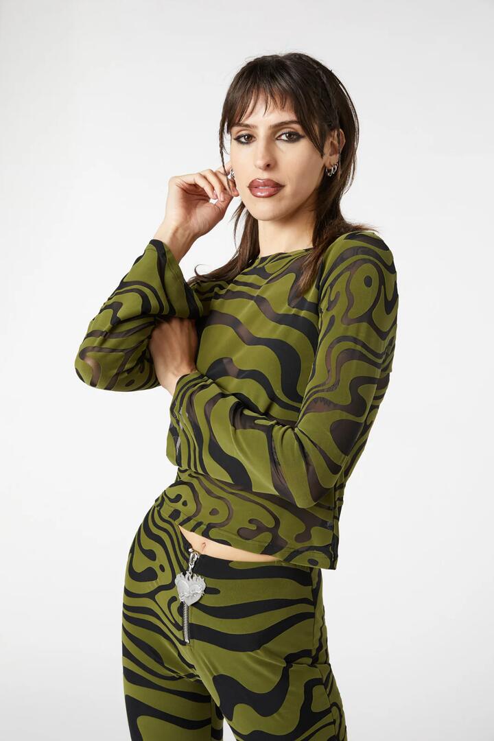 Image of a model wearing Tops. Productname: Who Are You Mesh Top in Olive colour by brand - Dangerfield