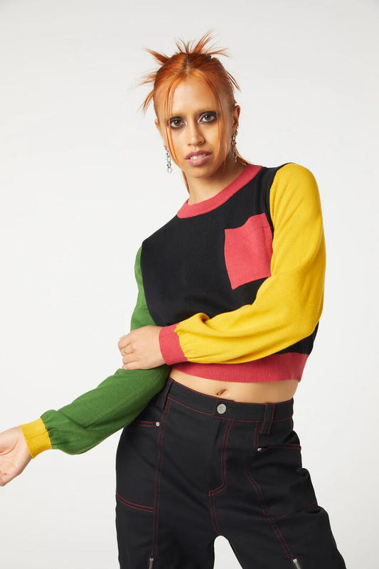 Image of a model wearing Outerwear. Productname: Colourblock Knit Jumper in Multi colour by brand - Dangerfield