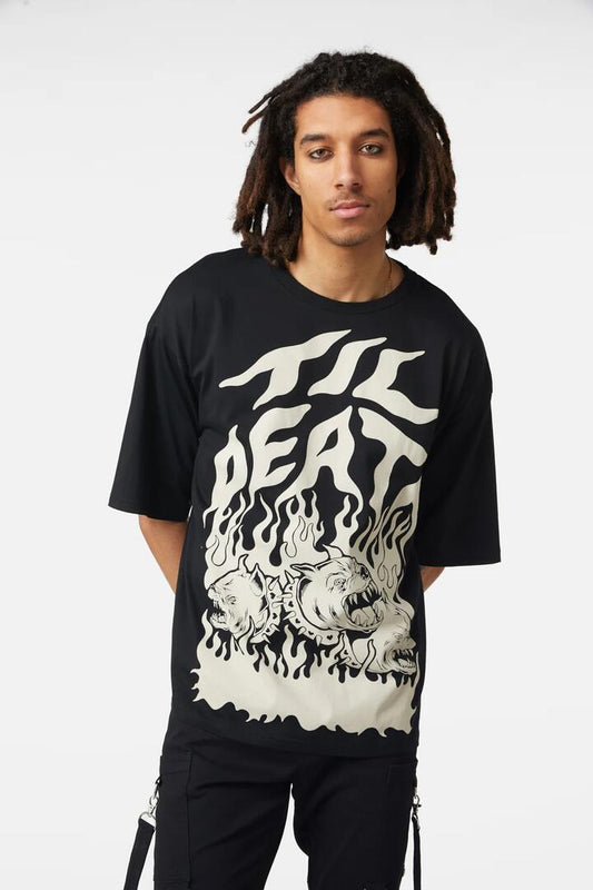 Image of a model wearing Shorts. Productname: Til Death Short Sleeve Tee in Black colour by brand - Dangerfield