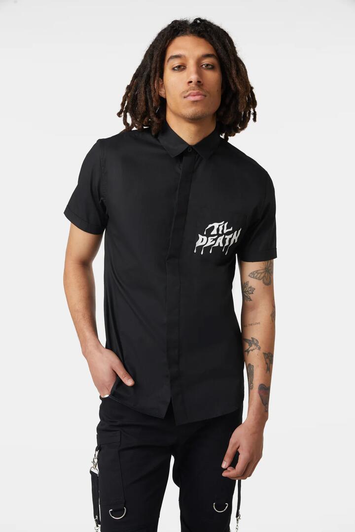 Image of a model wearing Shorts. Productname: Til Death D-Ring Short Sleeve Shirt in Black colour by brand - Dangerfield