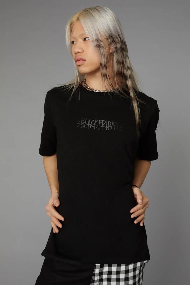 Image of a model wearing Tops. Productname: Night Sky Print Tee in Black colour by brand - Black Friday