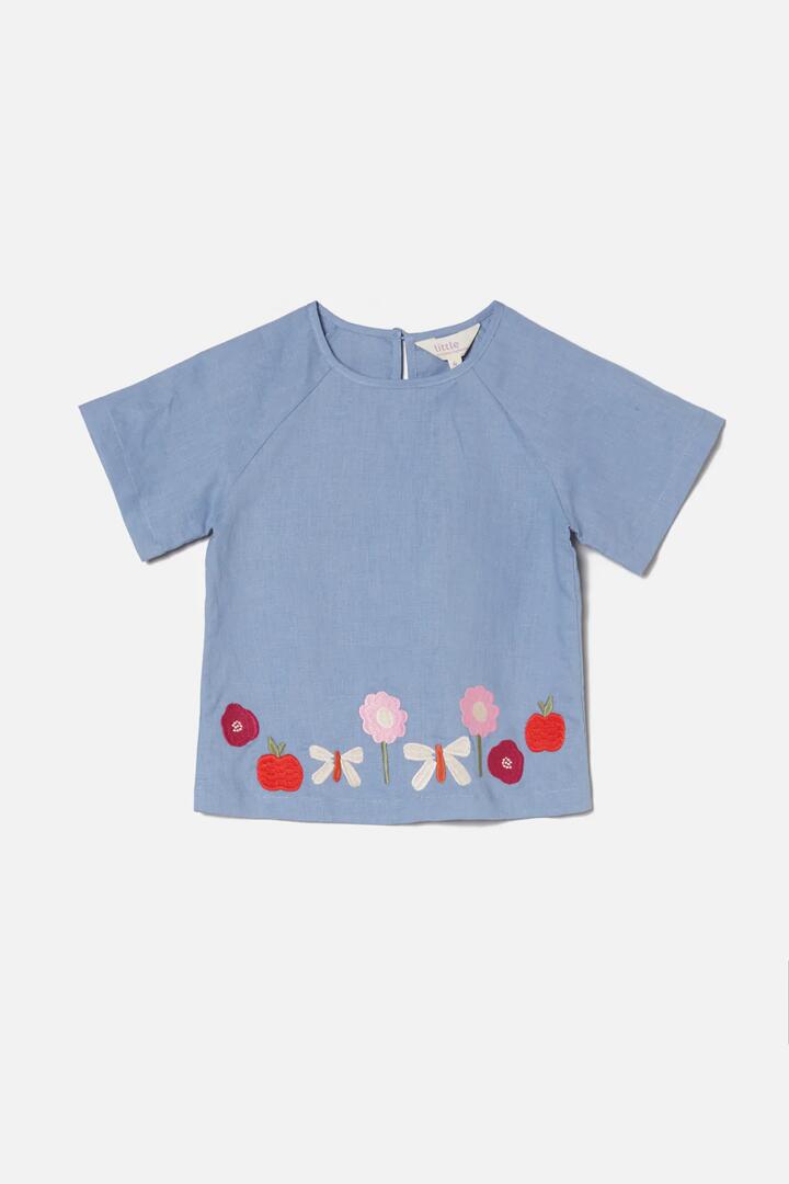 Image of a model wearing Tops. Productname: All Sorts Garden Emb Top in Blue colour by brand - Princess Highway Kids