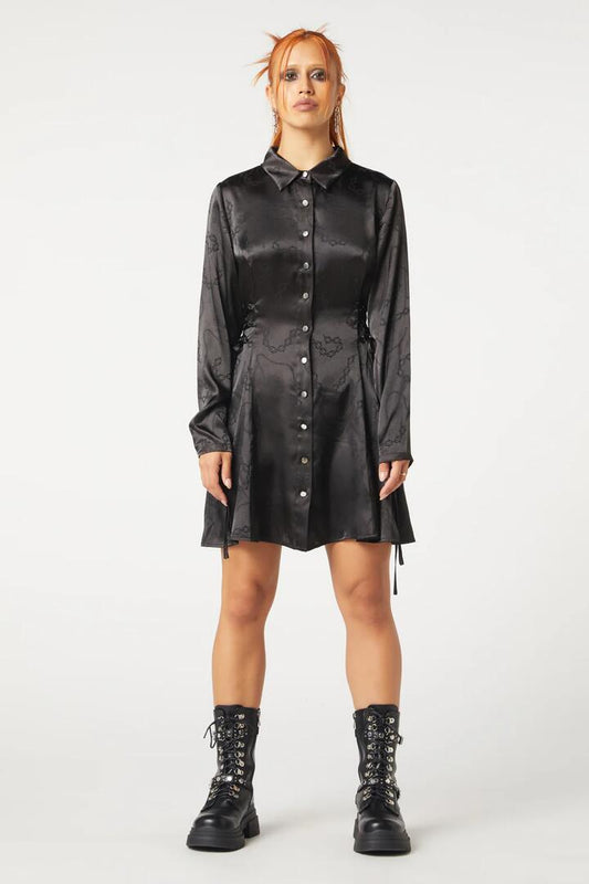 Image of a model wearing Dress. Productname: Under Sentence Satin Dress in Black colour by brand - Dangerfield