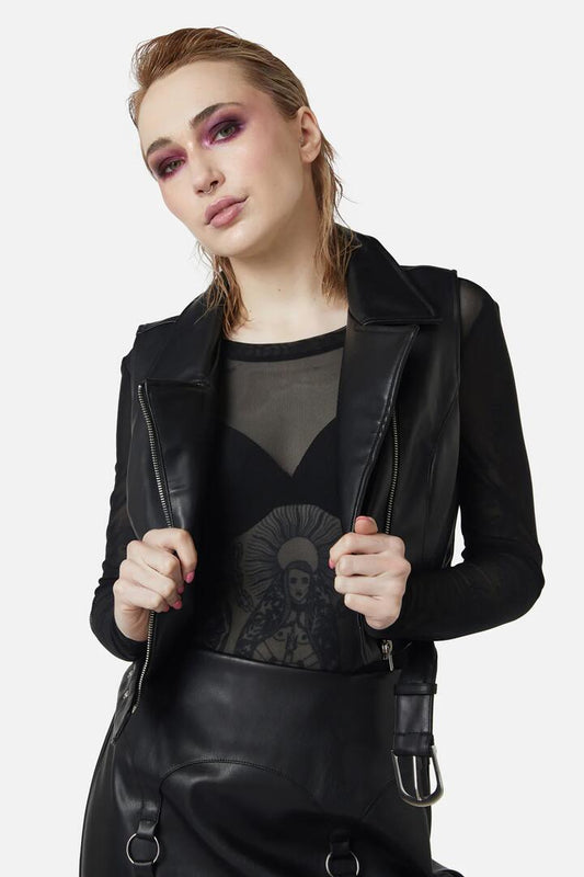 Image of a model wearing Tops. Productname: Ornate Metal Pu Vest in Black colour by brand - Dangerfield