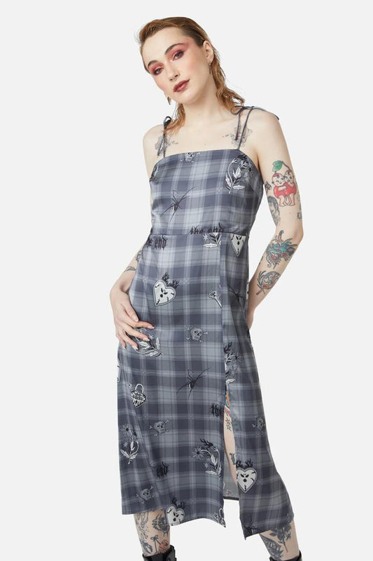 Image of a model wearing Dress. Productname: Love Her Printed Satin Split Dress in Grey colour by brand - Dangerfield