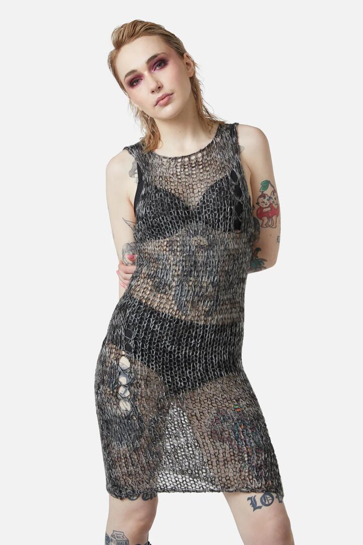 Image of a model wearing Dress. Productname: Misery Distressed Knit Dress in Black colour by brand - Dangerfield