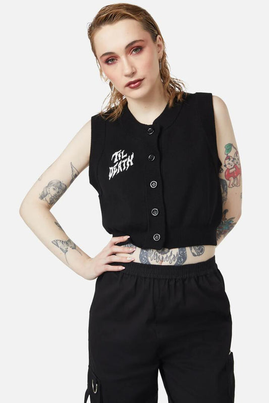 Image of a model wearing Tops. Productname: Til Death Button Vest in Black colour by brand - Dangerfield