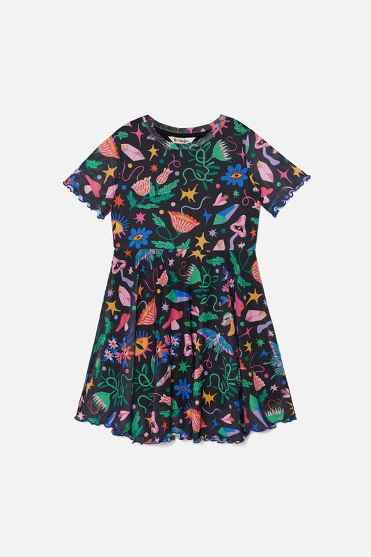 Image of a model wearing Dress. Productname: Night Garden Kids Dress in Black colour by brand - Dangerkids