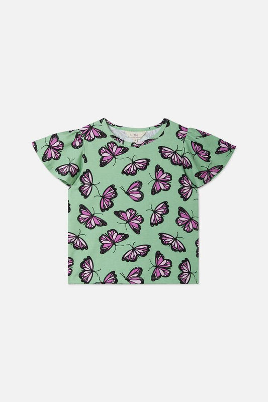 Image of a model wearing Tops. Productname: Flutter Kids Frill Tee in Green colour by brand - Princess Highway Kids
