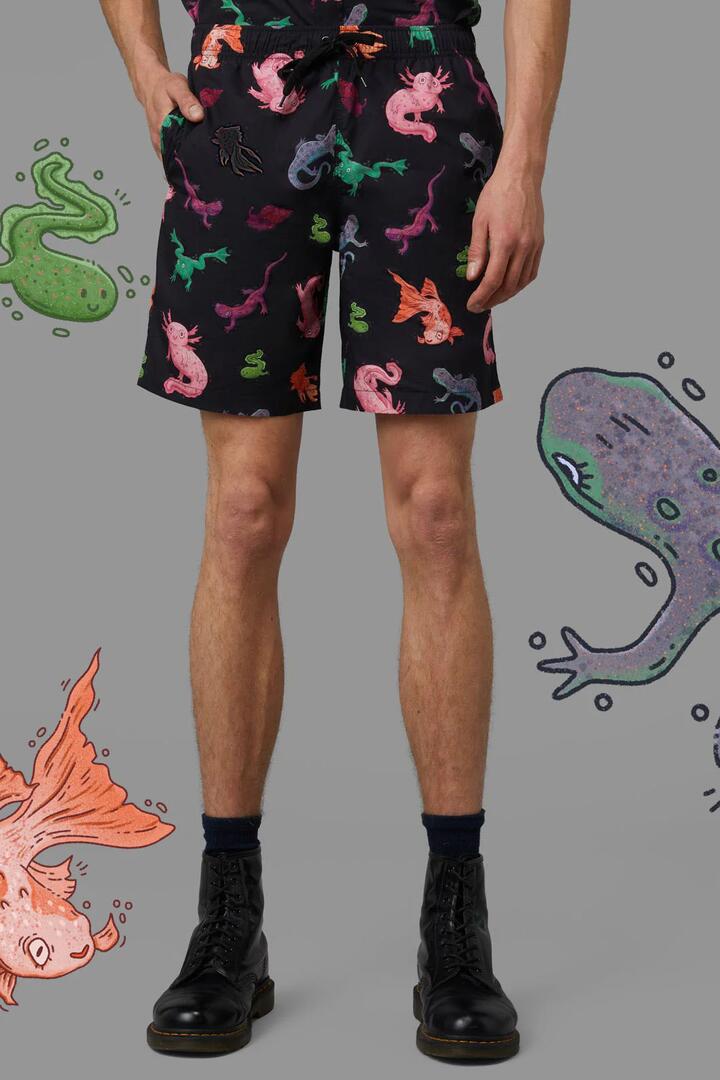 Image of a model wearing Shorts. Productname: Pond Life Trunk in Black colour by brand - Black Friday