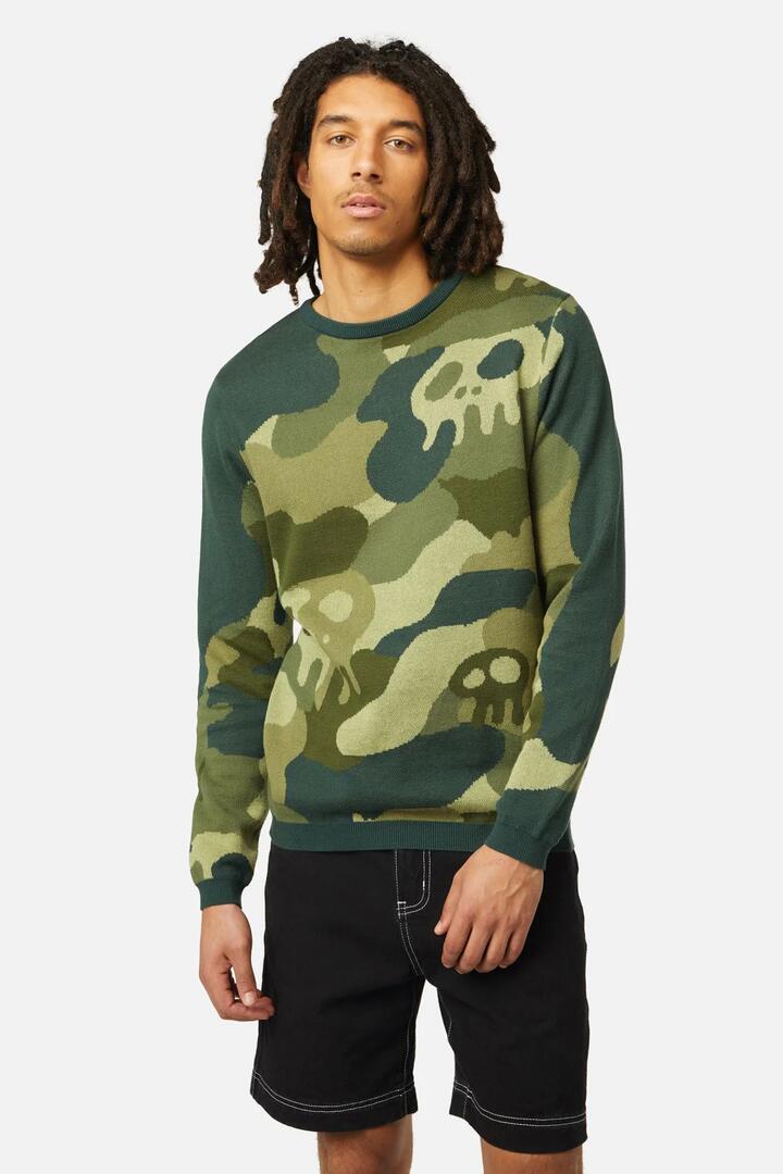 Image of a model wearing Outerwear. Productname: Nook Of The Garden Camo Knit Jumper in Green colour by brand - Dangerfield