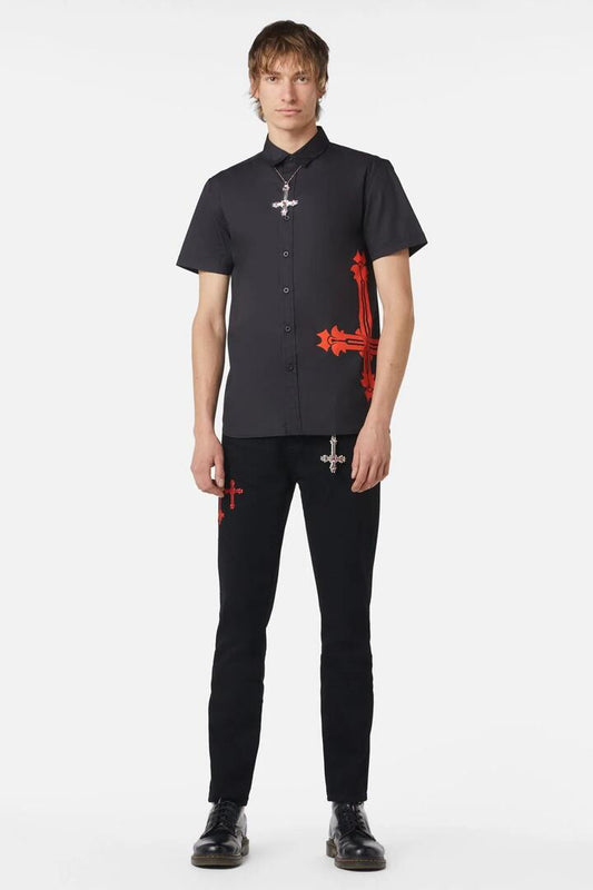 Image of a model wearing Tops. Productname: Hail Lilith Rosary S/S Shirt in Black colour by brand - Dangerfield