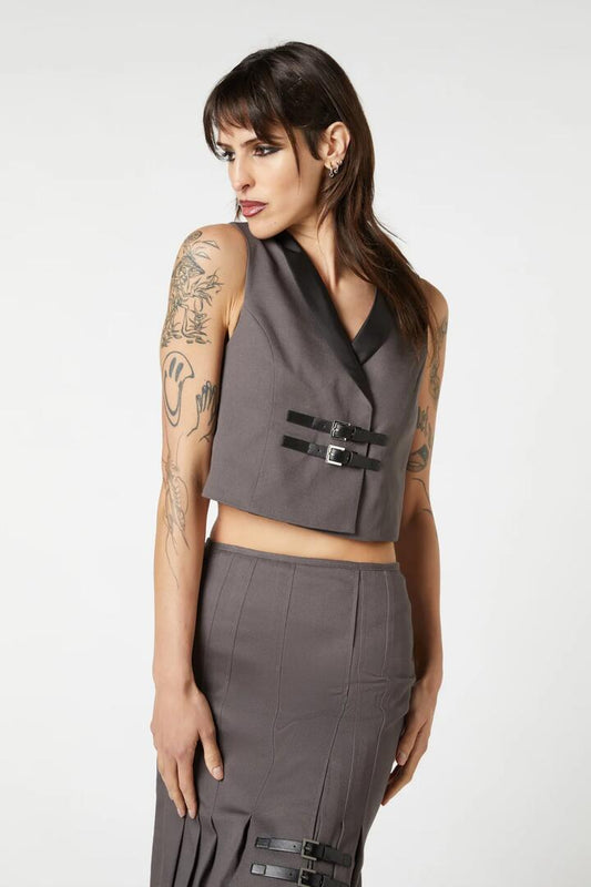 Image of a model wearing Tops. Productname: Time & Date Shawl Vest in Charcoal colour by brand - Dangerfield