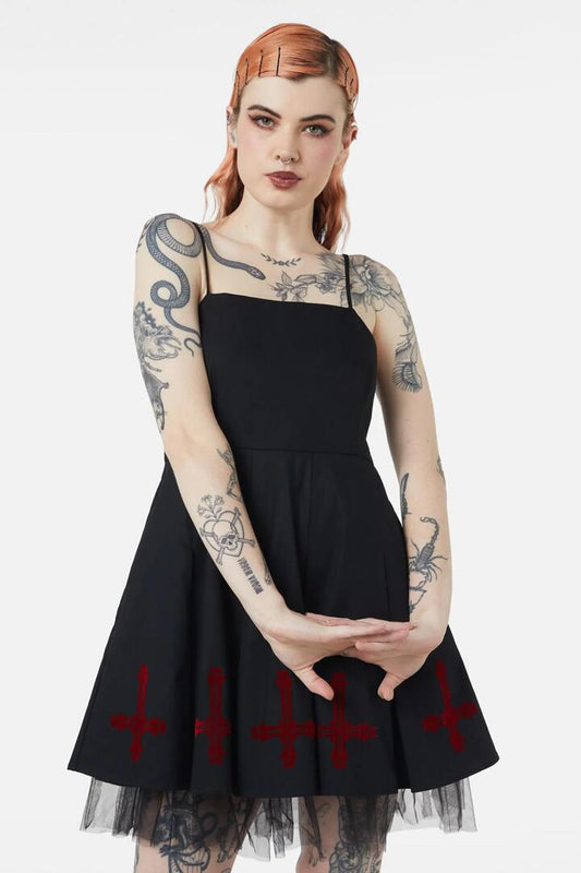 Image of a model wearing Dress. Productname: Hail Lilith Flocked Hem Bustier Dress in Black colour by brand - Dangerfield