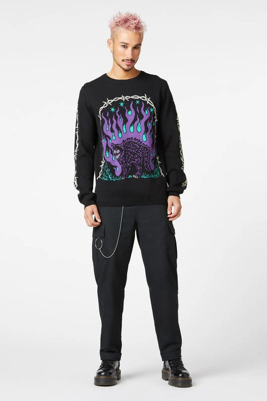 Image of a model wearing Tops. Productname: Guiding Spirit Cat Knit in Black colour by brand - Dangerfield