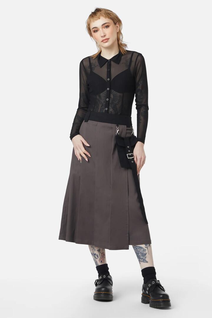 Image of a model wearing Skirts. Productname: Time & Date Pleated Unisex Skirt in Grey colour by brand - Dangerfield