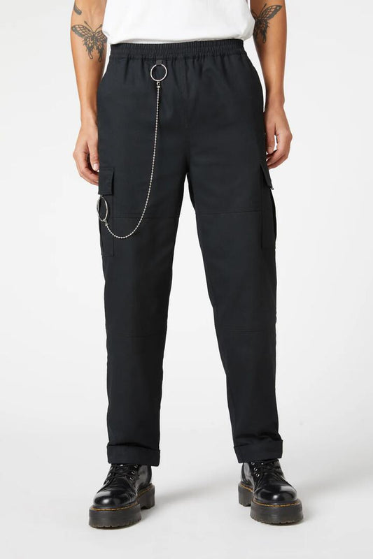Image of a model wearing Pants. Productname: Punk Time Cargo in Black colour by brand - Dangerfield