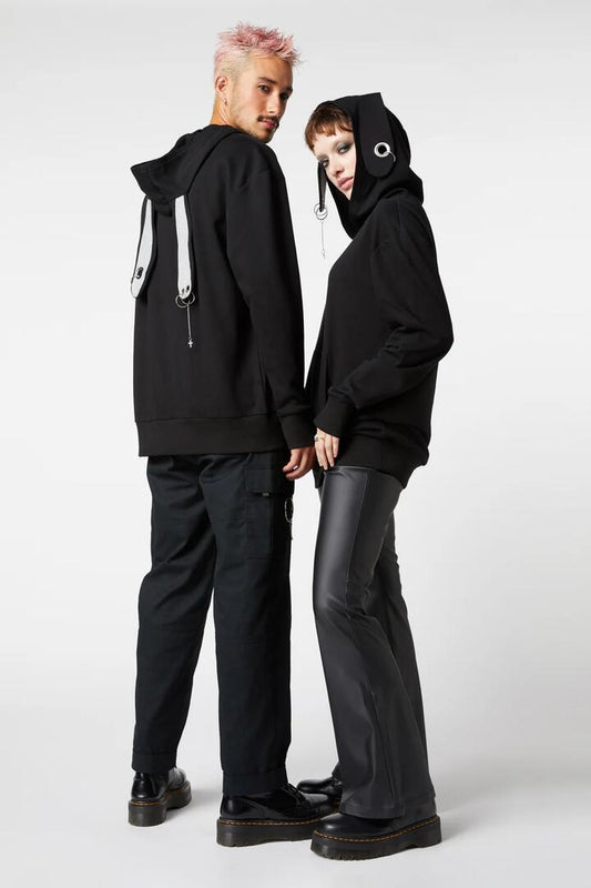 Image of a model wearing Outerwear. Productname: Bun Bun Hoodie in Black colour by brand - Dangerfield