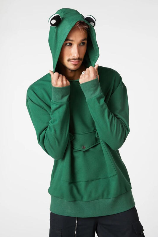 Image of a model wearing Outerwear. Productname: How Ribbiting Hoodie in Green colour by brand - Dangerfield
