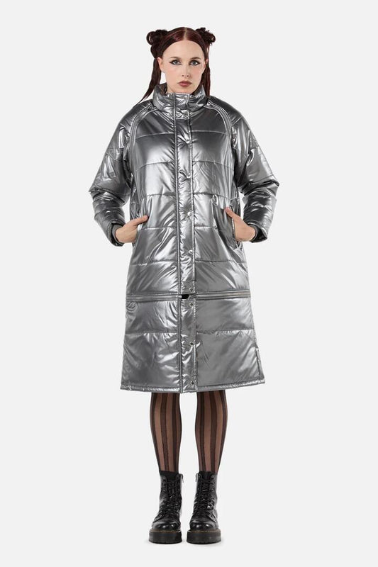 Image of a model wearing Outerwear. Productname: Radioactive Raver Puffer Coat in Silver colour by brand - Dangerfield