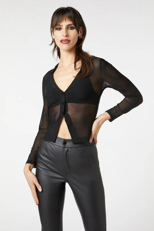 Image of a model wearing Tops. Productname: Radioactive Raver Mesh Top in Black colour by brand - Dangerfield