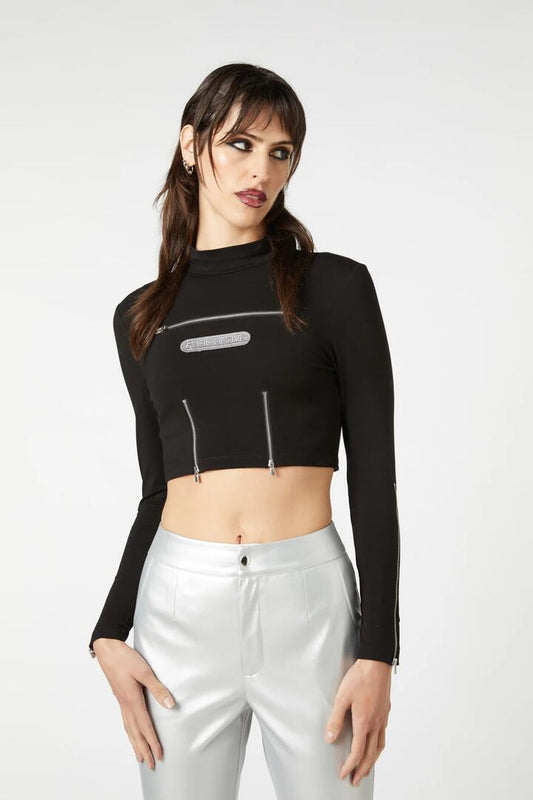 Image of a model wearing Tops. Productname: Radioactive Raver Zip Top in Black colour by brand - Dangerfield