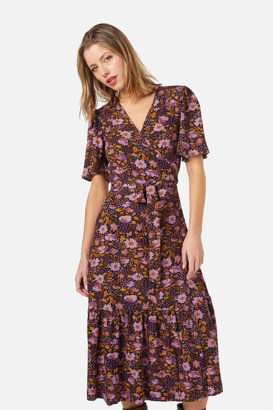 Image of a model wearing Dress. Productname: Cynthia Wrap Dress in Plum colour by brand - Princess Highway