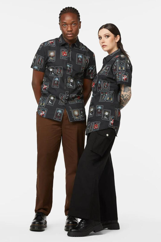 Image of a model wearing Tops. Productname: Tarot Spread Print SS Shirt in Black colour by brand - Dangerfield