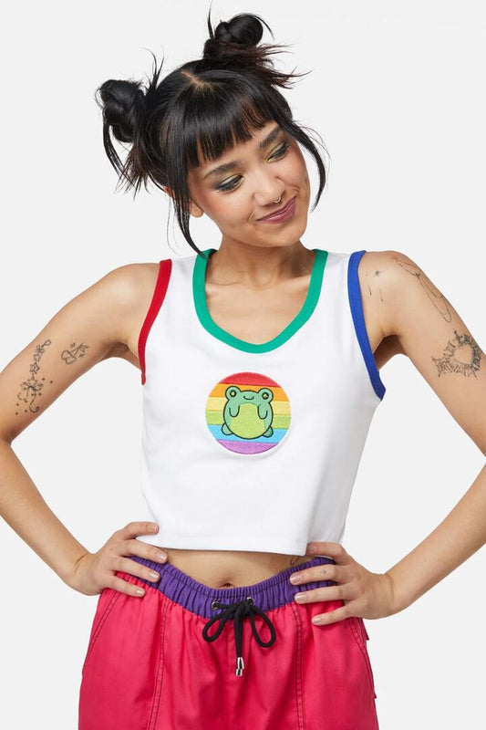 Image of a model wearing Tops. Productname: Rainbow Frog Tank in White colour by brand - Dangerfield