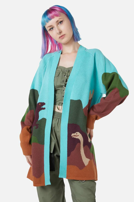 Image of a model wearing Outerwear. Productname: Triassic Scene Knit Cardi in Multi colour by brand - Dangerfield