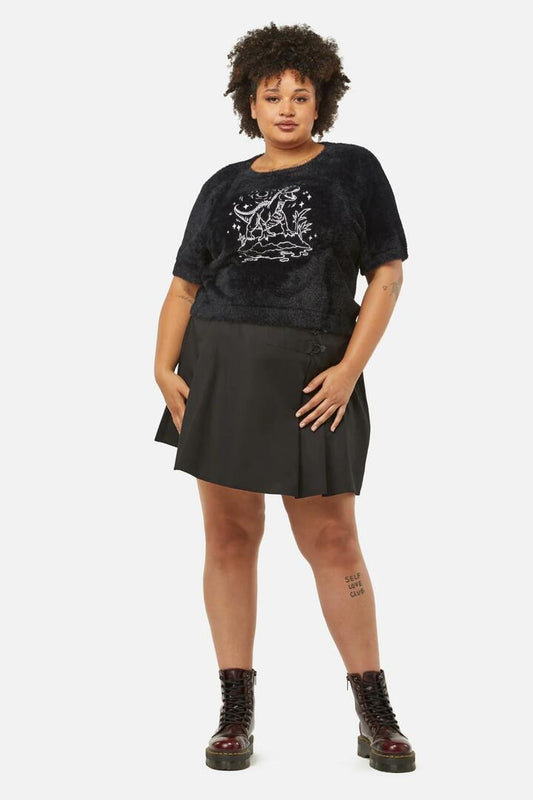 Image of a model wearing Tops. Productname: Curve Triassic Embroidery Fluffy Knit in Black colour by brand - Dangerfield