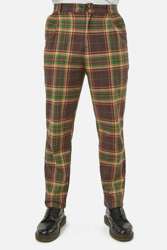 Image of a model wearing Pants. Productname: Triassic Tartan Straight Leg Pants in Brown colour by brand - Dangerfield