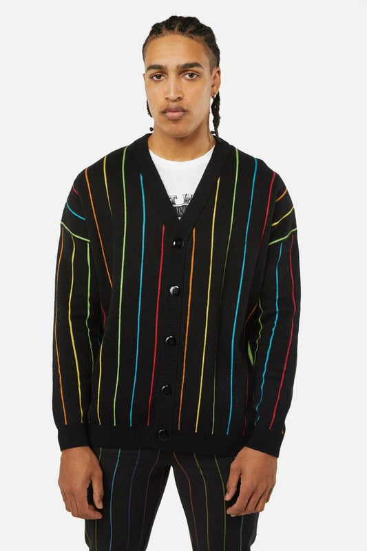 Image of a model wearing Outerwear. Productname: Rainbow Pin Stripe OS Cardi in Multi colour by brand - Dangerfield