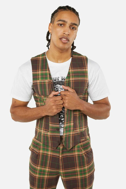 Image of a model wearing Tops. Productname: Triassic Tartan Pocket Vest in Brown colour by brand - Dangerfield