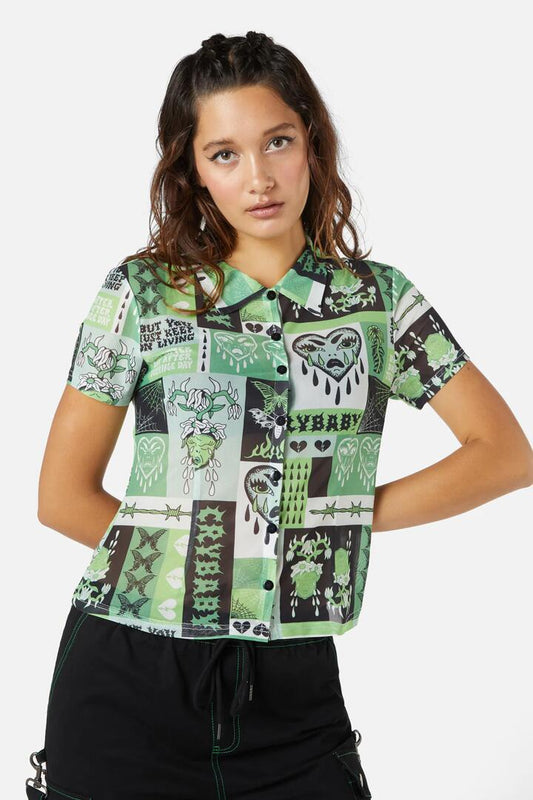 Image of a model wearing Tops. Productname: Cry Baby Mesh Blouse in Multi colour by brand - Dangerfield