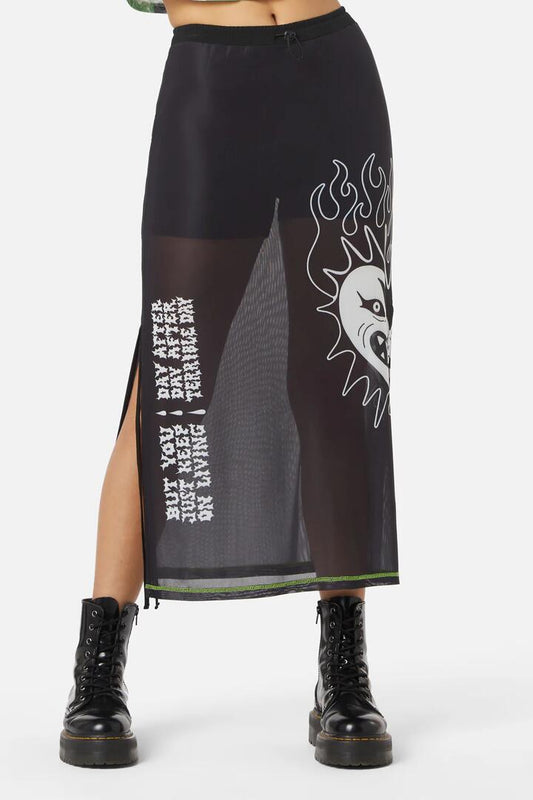 Image of a model wearing Skirts. Productname: The End Mesh Drawstring Skirt in Black colour by brand - Dangerfield