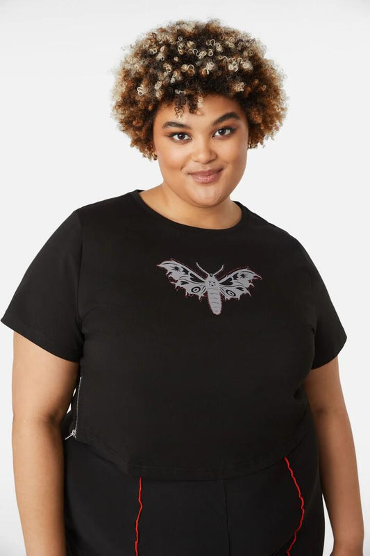 Image of a model wearing Tops. Productname: Curve Diamante Butterfly Zipper Tee in Black colour by brand - Dangerfield