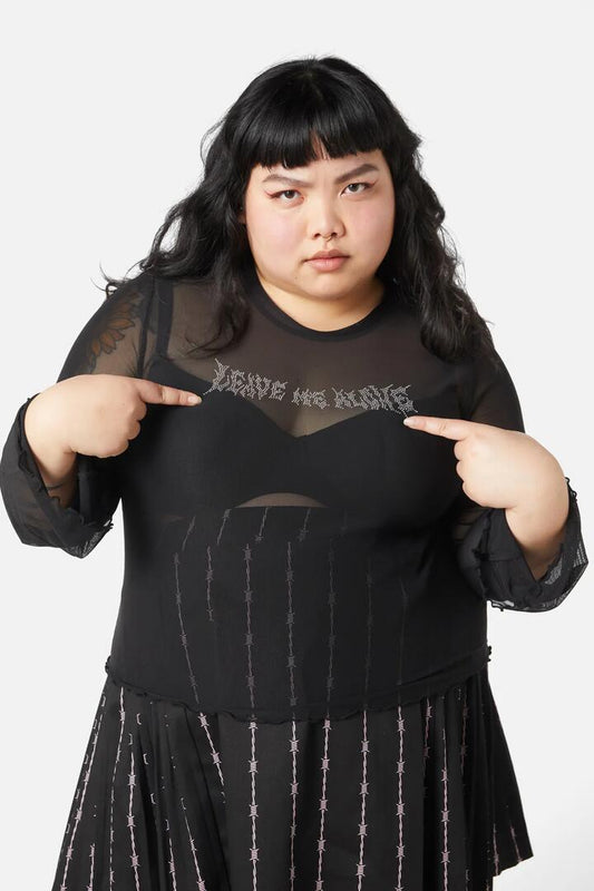 Image of a model wearing Tops. Productname: Curve Diamante Leave Me Alone Top in Black colour by brand - Dangerfield