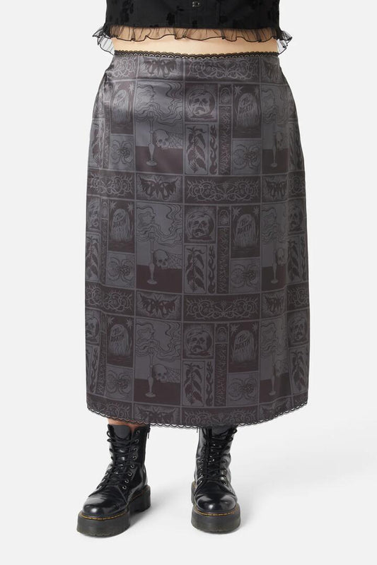 Image of a model wearing Skirts. Productname: Curve Ruined Mansion Satin Brocade Skirt in Black colour by brand - Dangerfield