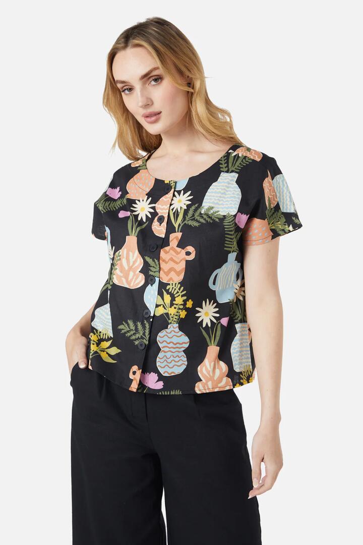 Image of a model wearing Tops. Productname: Pretty Vases Top in Black colour by brand - Princess Highway