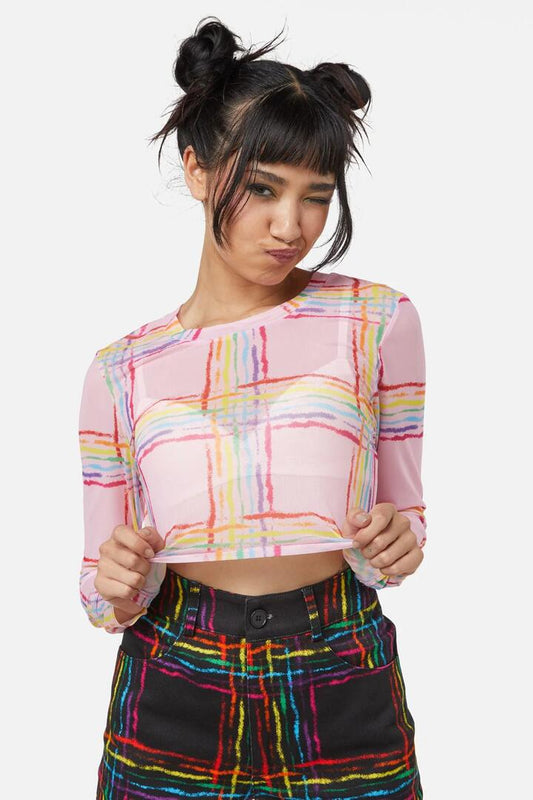 Image of a model wearing Tops. Productname: Hype Queen Mesh Crop in Pink colour by brand - Dangerfield