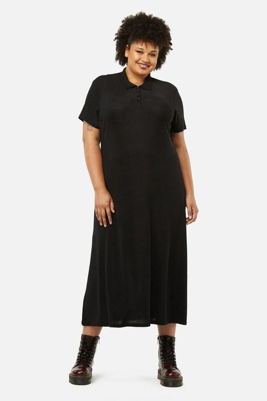 Image of a model wearing Dress. Productname: Curve Glitter Mesh Midi Dress in Black colour by brand - Dangerfield