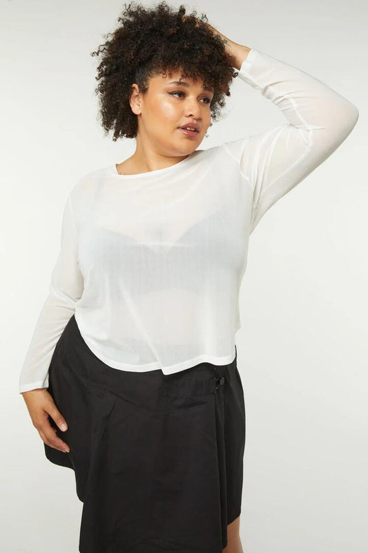 Image of a model wearing Tops. Productname: Curve Basic Mesh Long Sleeve Top in White colour by brand - Dangerfield