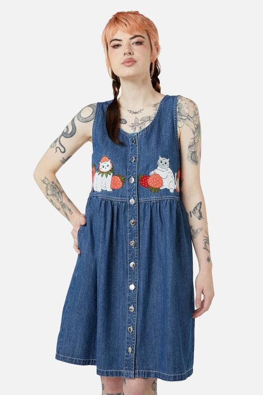 Image of a model wearing Denim. Productname: Berry Kitty Denim Pinafore in Blue colour by brand - Dangerfield